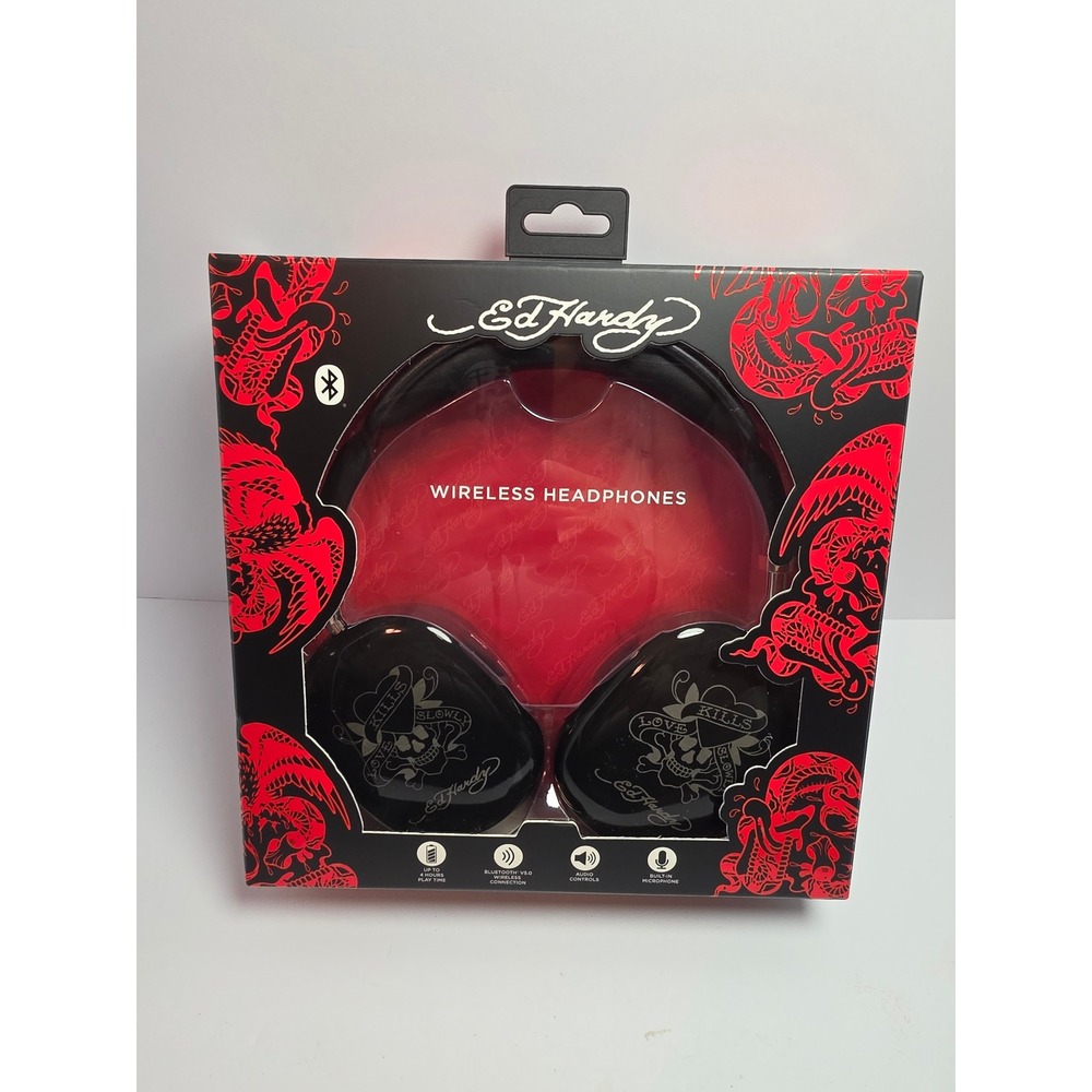 Ed Hardy Wireless Bluetooth Headphones Black Love Kills Slowly Tattoo Skull New